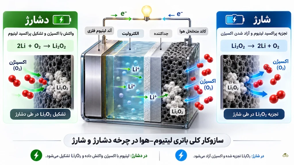 باتری لیتیوم–هوا چیست؟ آیا میتواند جایگزین باتریهای لیتیومیون شود؟ Lithium–Air Battery Cycle Infographic
